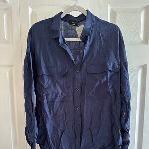 Navy Balloon Sleeve Button Down Top